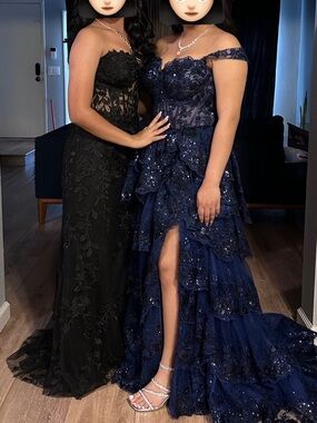 Sherri Hill Navy Sequin Off-Shoulder Tiered Prom Gown